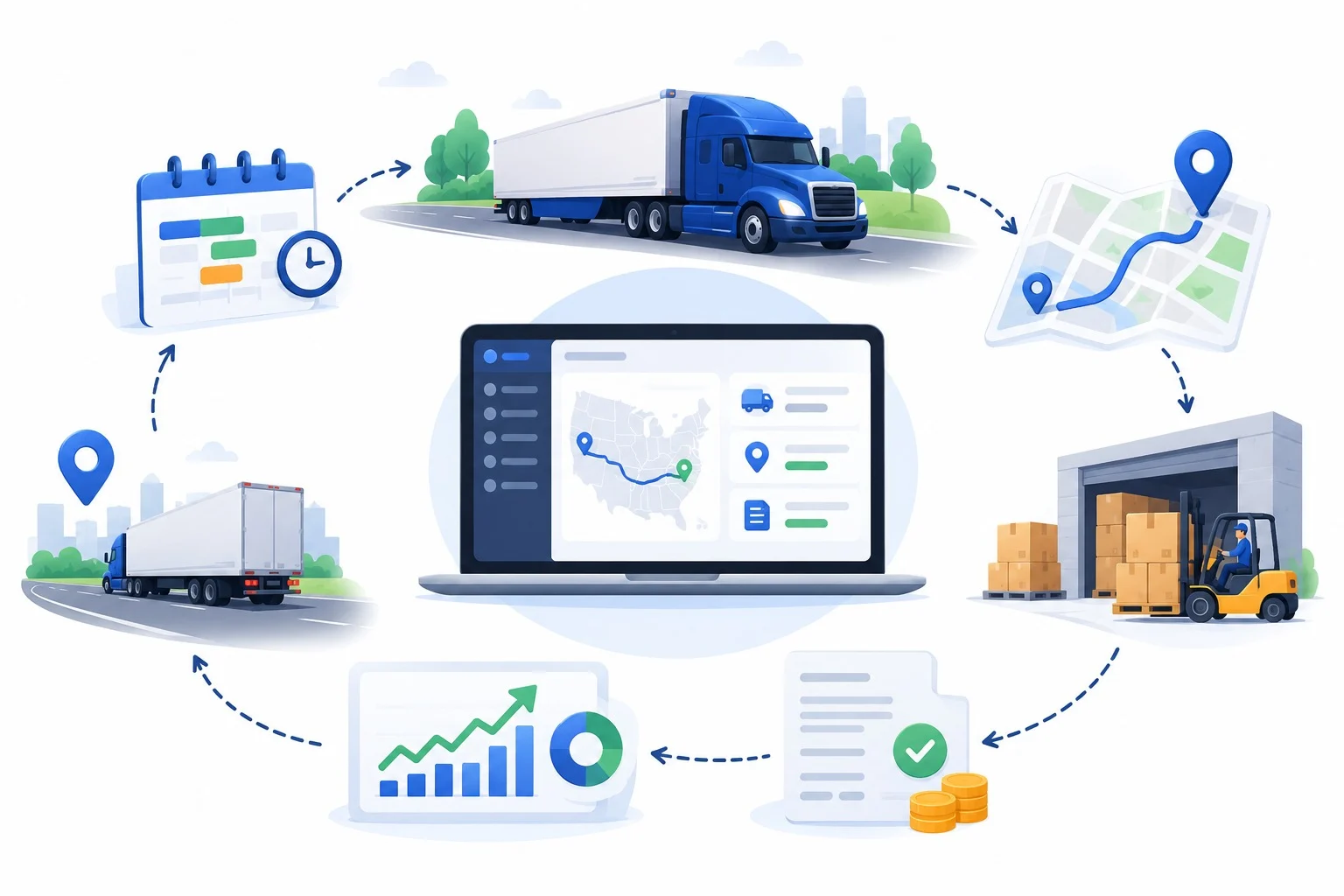 Illustration of one logistics platform connecting scheduling, trucks on the road, route planning, the warehouse, invoicing and reporting