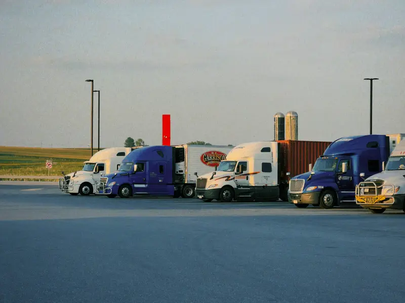 Semi-trucks from several carriers parked at a truck yard